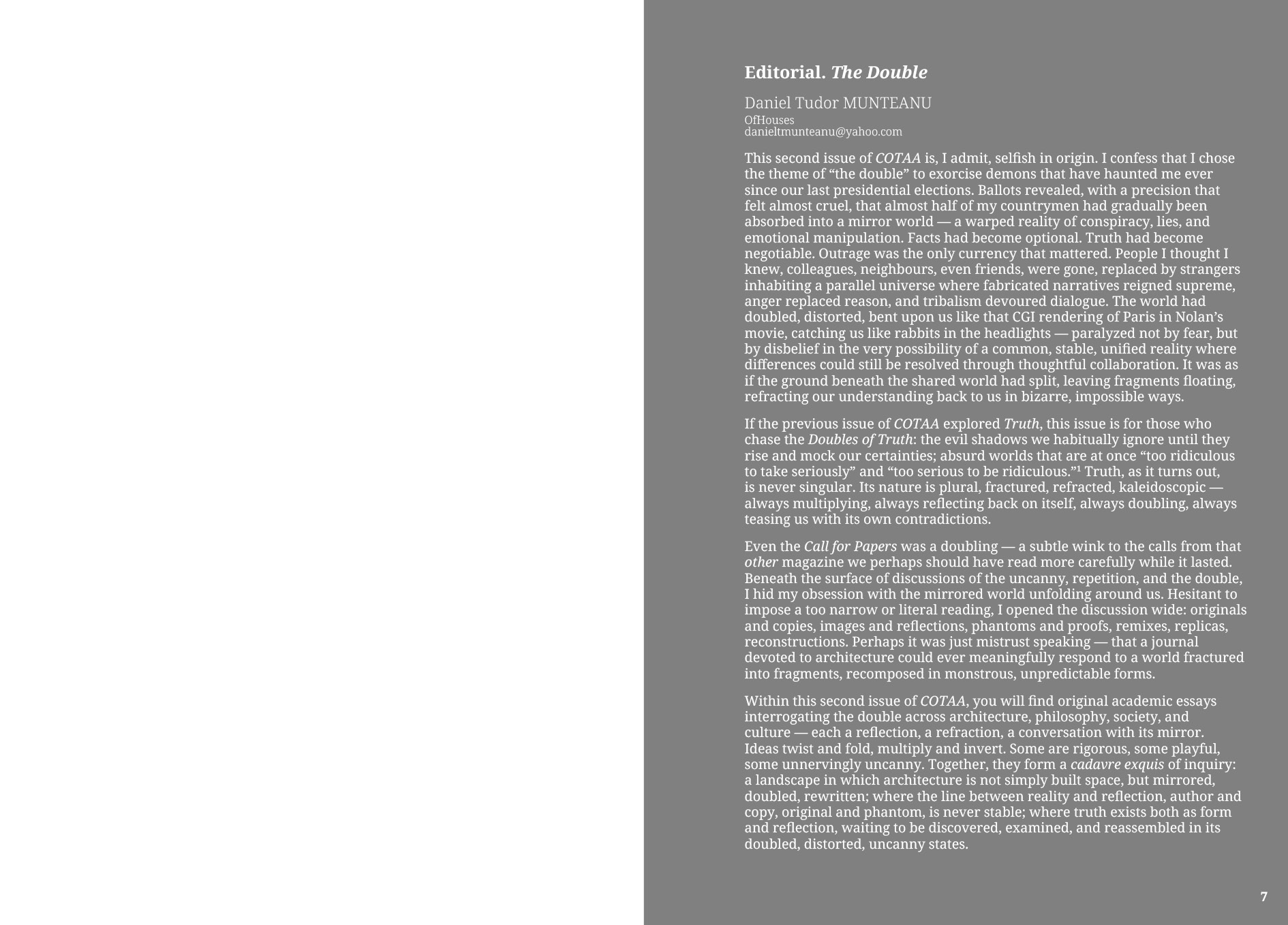 COTAA – COLLECTION OF TEXTS ABOUT ARCHITECTURE nr. 2/2025 The Double – REVISTA COTAA S.R.L. 